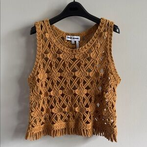 DKNY Fringed Openwork Crochet Sleeveless Mustard Color Top - Size XS